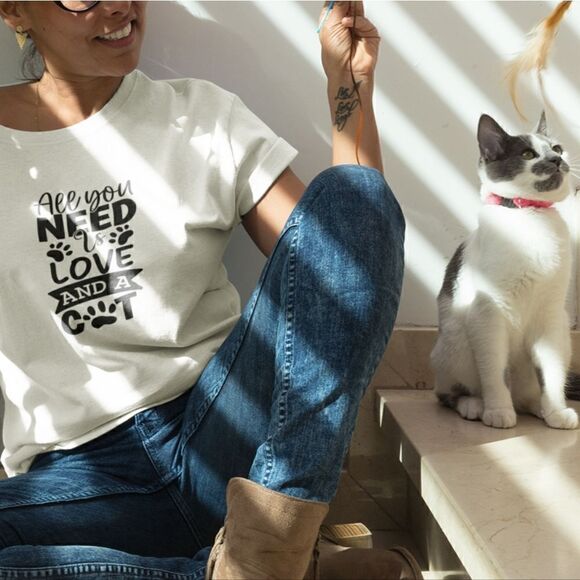 Graphic Print T-Shirt  All You Need is Love and a Cat for Cat Lovers Mom T-Shirt - Picture 8 of 10